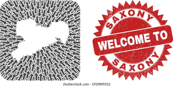 Vector collage Saxony Land map of motion arrows and rubber Welcome seal stamp. Collage geographic Saxony Land map created as carved shape from rounded square shape with motion arrows.
