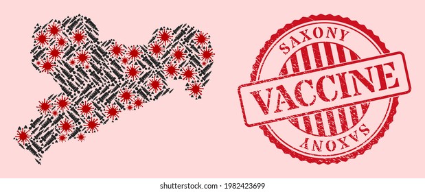 Vektorgrafik Sachsen Land Karte des Corona-Virus, Behandlungssymbole und roter Grunge-Impfsiegel. Viruselemente und Behandlungspartikel in der Landkarte Sachsen.