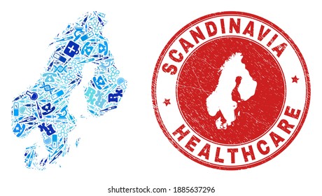 Vector collage Scandinavia map with vaccine icons, chemical symbols, and grunge doctor imprint. Red round imprint with grunge rubber texture and Scandinavia map tag and map.