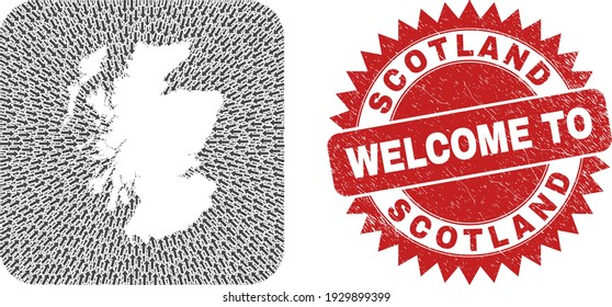 Vector collage Scotland map of pointing arrows and scratched Welcome seal stamp. Collage geographic Scotland map created as carved shape from rounded square with direction arrows.