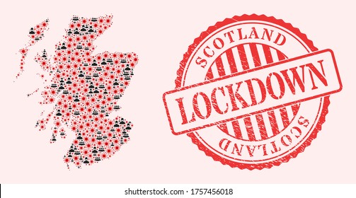 Vector collage Scotland map of SARS virus, masked people and red grunge lockdown seal stamp. Virus items and people in masks inside Scotland map.