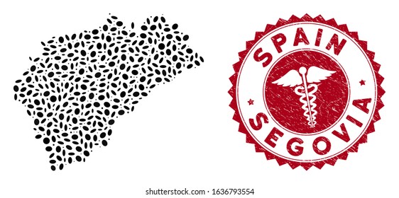 Vector collage Segovia Province map and red round rubber stamp seal with doctor sign. Segovia Province map collage designed with oval elements. Red round medicine seal stamp, with grunge texture.