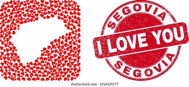 Vector collage Segovia Province map of valentine heart elements and grunge love badge. Collage geographic Segovia Province map designed as stencil from rounded square using valentine hearts.