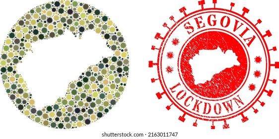 Vector collage Segovia Province map of covid virus items and grunge LOCKDOWN seal stamp. Mosaic geographic Segovia Province map created as stencil from circle with flu virus items in camo army colors.