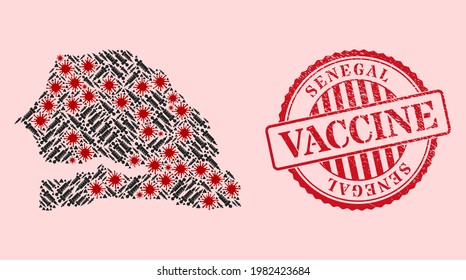 Vector collage Senegal map of covid-2019 virus, syringe icons, and red grunge vaccine seal stamp. Virus items and syringe particles inside Senegal map.