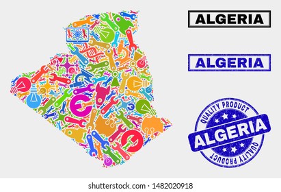 Vector collage of service Algeria map and blue seal for quality product. Algeria map collage made with tools, spanners, industry icons. Vector abstract collage of Algeria map for service business,