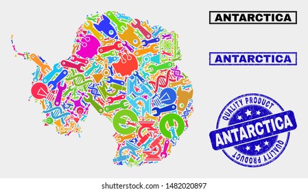 Vector collage of service Antarctica continent map and blue seal stamp for quality product. Antarctica continent map collage composed with tools, spanners, science symbols.
