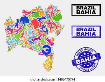 Vector collage of service Bahia State map and blue stamp for quality product. Bahia State map collage formed with equipment, wrenches, industry icons.
