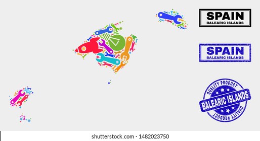 Vector collage of service Balearic Islands map and blue watermark for quality product. Balearic Islands map collage created with tools, spanners, production symbols.