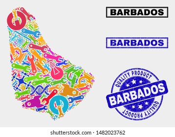 Vector collage of service Barbados map and blue seal for quality product. Barbados map collage designed with tools, wrenches, industry icons.