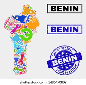 Vector collage of service Benin map and blue stamp for quality product. Benin map collage composed with tools, spanners, industry symbols. Vector abstract collage of Benin map for service business,
