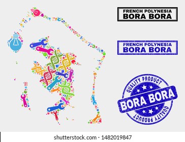 Vector collage of service Bora-Bora map and blue seal stamp for quality product. Bora-Bora map collage created with tools, spanners, production symbols.