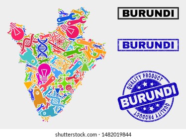 Vector collage of service Burundi map and blue seal for quality product. Burundi map collage constructed with equipment, spanners, production icons.
