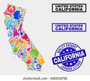 Vector collage of service California State map and blue watermark for quality product. California State map collage composed with tools, spanners, production icons.