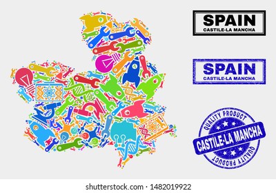 Vector collage of service Castile-La Mancha Province map and blue stamp for quality product. Castile-La Mancha Province map collage designed with equipment, spanners, production icons.