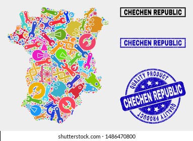 Vector collage of service Chechen Republic map and blue seal stamp for quality product. Chechen Republic map collage composed with tools, wrenches, production symbols.