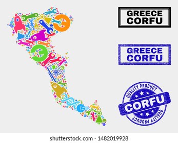 Vector collage of service Corfu Island map and blue stamp for quality product. Corfu Island map collage made with tools, wrenches, production symbols.