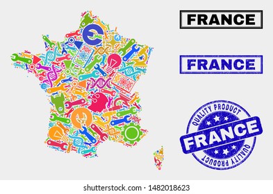 Vector collage of service France map and blue stamp for quality product. France map collage designed with equipment, spanners, industry symbols.