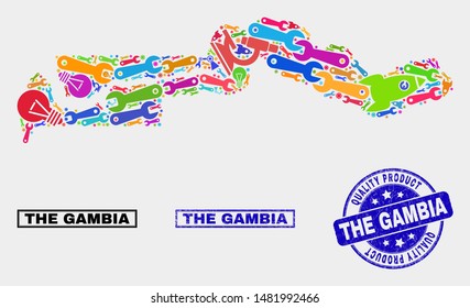 Vector collage of service the Gambia map and blue watermark for quality product. The Gambia map collage made with equipment, wrenches, science symbols.