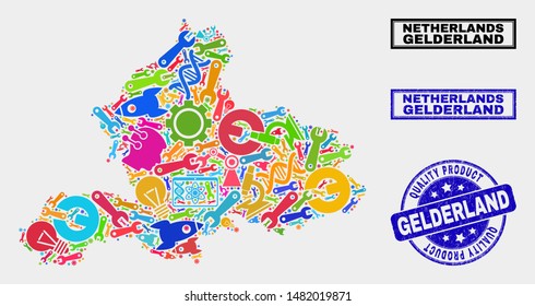 Vector collage of service Gelderland Province map and blue seal stamp for quality product. Gelderland Province map collage created with equipment, wrenches, production icons.