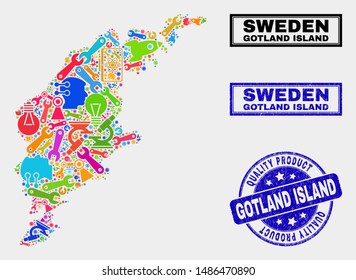 Vector collage of service Gotland Island map and blue stamp for quality product. Gotland Island map collage formed with equipment, spanners, production symbols.
