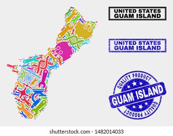 Vector collage of service Guam Island map and blue seal for quality product. Guam Island map collage created with equipment, wrenches, production symbols.