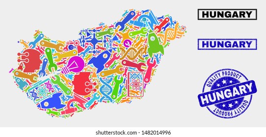 Vector collage of service Hungary map and blue seal for quality product. Hungary map collage composed with equipment, wrenches, industry symbols.