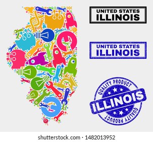 Vector collage of service Illinois State map and blue stamp for quality product. Illinois State map collage created with tools, wrenches, production symbols.