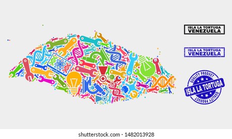 Vector collage of service Isla La Tortuga map and blue stamp for quality product. Isla La Tortuga map collage formed with tools, spanners, production symbols.