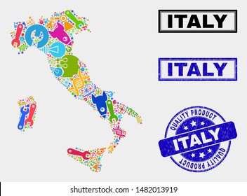 Vector collage of service Italy map and blue seal for quality product. Italy map collage created with equipment, spanners, industry symbols. Vector abstract collage of Italy map for service business,