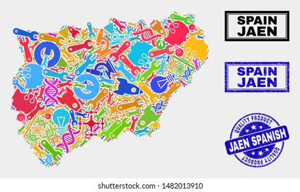 Vector collage of service Jaen Spanish Province map and blue seal stamp for quality product. Jaen Spanish Province map collage formed with tools, wrenches, industry symbols.