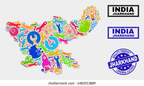 Vector collage of service Jharkhand State map and blue stamp for quality product. Jharkhand State map collage constructed with tools, wrenches, industry symbols.