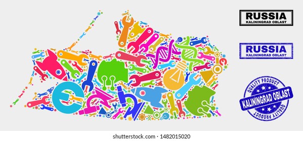 Vector collage of service Kaliningrad Region map and blue watermark for quality product. Kaliningrad Region map collage designed with tools, spanners, science symbols.
