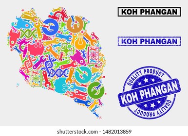 Vector collage of service Koh Phangan map and blue watermark for quality product. Koh Phangan map collage made with tools, wrenches, science symbols.