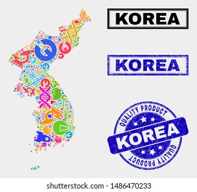 Vector collage of service Korea map and blue stamp for quality product. Korea map collage created with equipment, spanners, science icons. Vector abstract collage of Korea map for service business,
