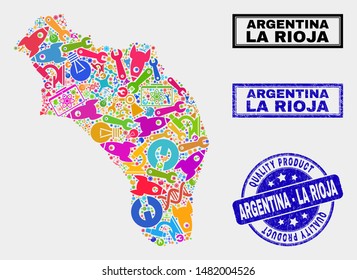 Vector collage of service La Rioja of Argentina map and blue watermark for quality product. La Rioja of Argentina map collage created with tools, spanners, science symbols.