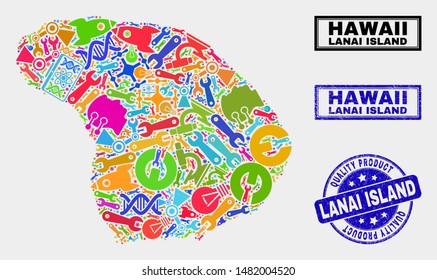 Vector collage of service Lanai Island map and blue watermark for quality product. Lanai Island map collage created with equipment, wrenches, science icons.
