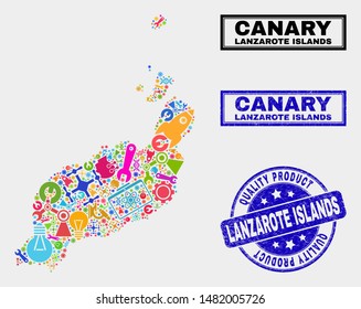 Vector collage of service Lanzarote Islands map and blue watermark for quality product. Lanzarote Islands map collage made with equipment, spanners, science icons.