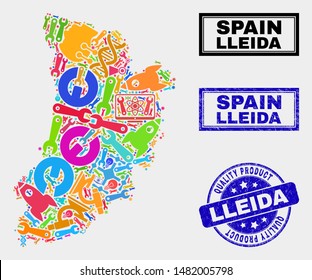 Vector collage of service Lleida Province map and blue seal for quality product. Lleida Province map collage designed with equipment, wrenches, production icons.