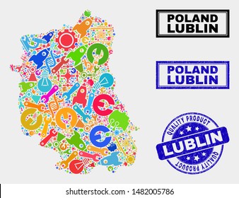 Vector collage of service Lublin Voivodeship map and blue watermark for quality product. Lublin Voivodeship map collage designed with equipment, wrenches, industry icons.