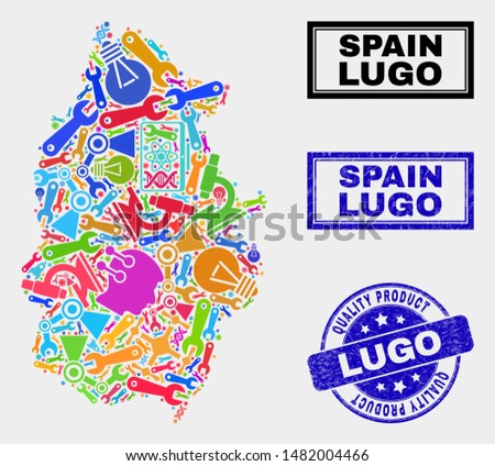 Vector collage of service Lugo Province map and blue seal for quality product. Lugo Province map collage composed with equipment, spanners, science icons.