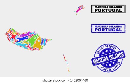 Vector collage of service Madeira Islands map and blue seal for quality product. Madeira Islands map collage made with tools, wrenches, industry symbols.