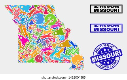 Vector collage of service Missouri State map and blue stamp for quality product. Missouri State map collage made with equipment, spanners, production icons.