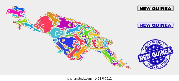 Vector collage of service New Guinea map and blue seal for quality product. New Guinea map collage designed with tools, wrenches, science symbols.