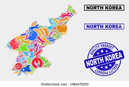 Vector collage of service North Korea map and blue stamp for quality product. North Korea map collage constructed with equipment, wrenches, production symbols.