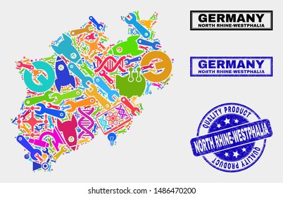 Vector collage of service North Rhine-Westphalia Land map and blue seal stamp for quality product. North Rhine-Westphalia Land map collage formed with equipment, spanners, industry icons.