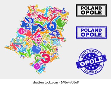 Vector collage of service Opole Voivodeship map and blue watermark for quality product. Opole Voivodeship map collage created with equipment, spanners, production icons.