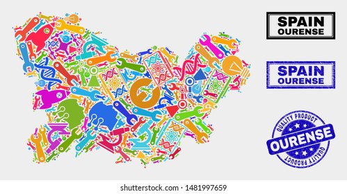 Vector collage of service Ourense Province map and blue seal stamp for quality product. Ourense Province map collage made with equipment, wrenches, industry symbols.