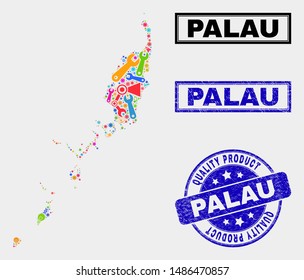 Vector collage of service Palau map and blue watermark for quality product. Palau map collage designed with tools, wrenches, production icons.