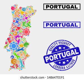 Vector collage of service Portugal map and blue watermark for quality product. Portugal map collage composed with equipment, spanners, industry symbols.